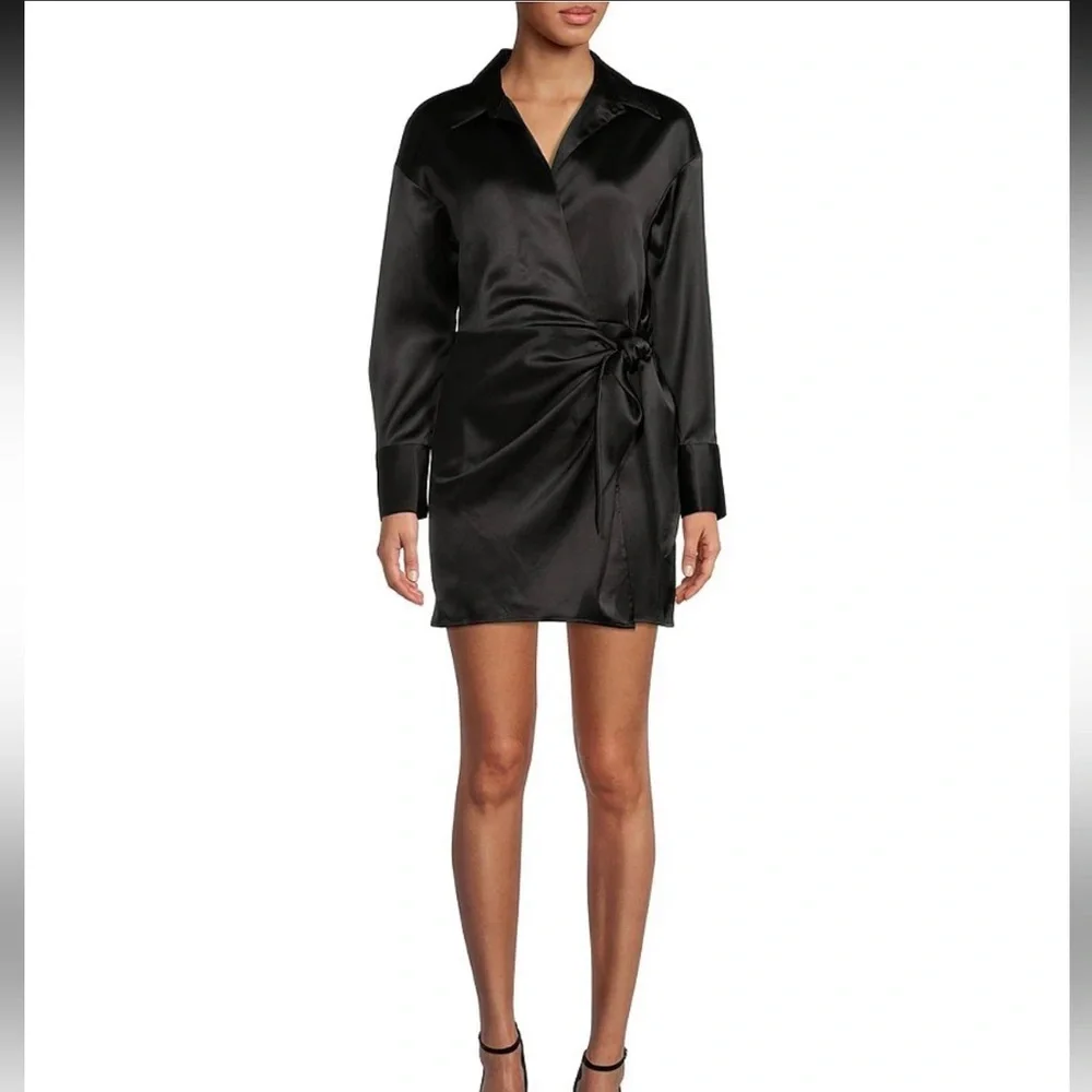 Gianni Bini black Avery long sleeve point collar neck mini wrap dress - Picture 1 of 5